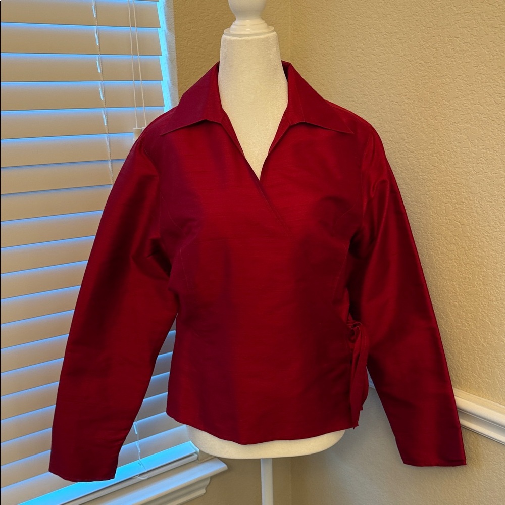 LOFT Vibrant Red Dupioni Silk Wrap Tie Blouse Women’s Size 12
